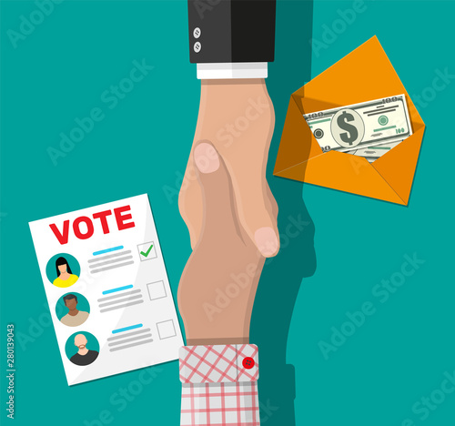Voter and politician handshake. Voting ballot and envelope with money. Selling vote for election. Deal of election frauds. Bribe and corruption in election. Vector illustration in flat style