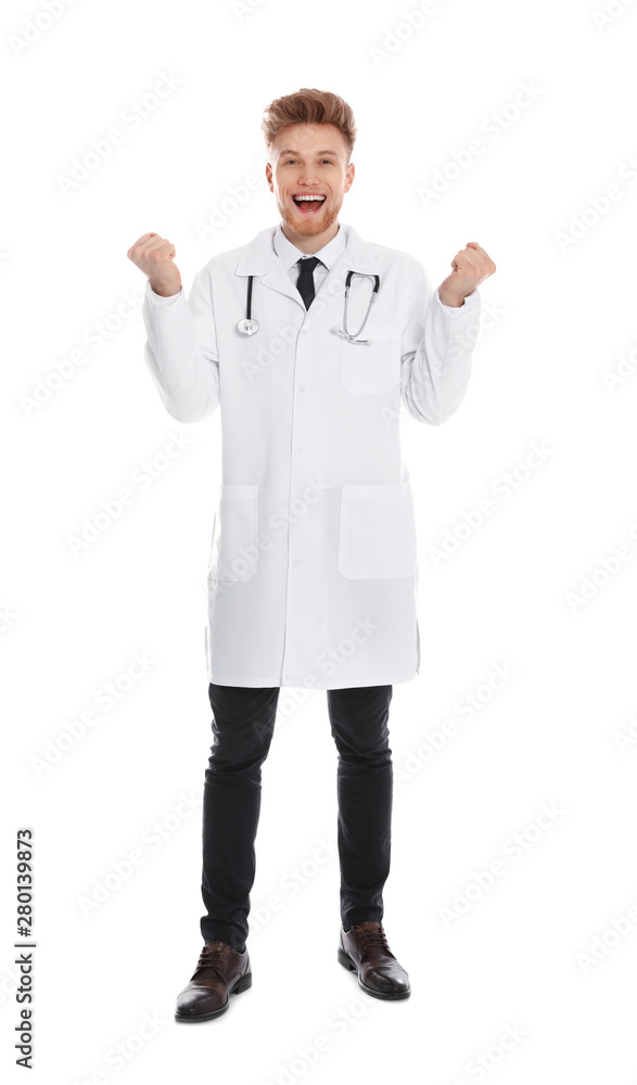 Full length portrait of emotional medical doctor with stethoscope isolated on white Full length portrait of emotional medical doctor with stethoscope isolated on white