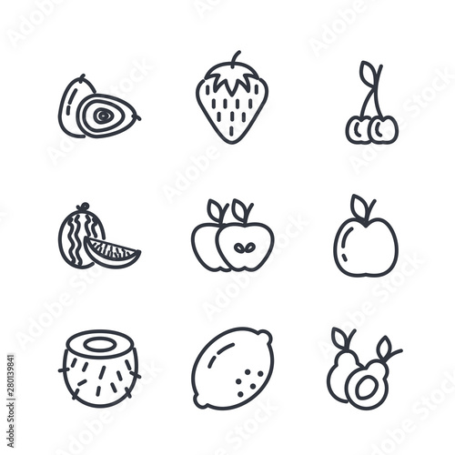 Set of Fruits Vector Line Icons. Fruits symbol illustration. Contains such Icons as Strawberry  Orange  Watermelon and more. Editable color.