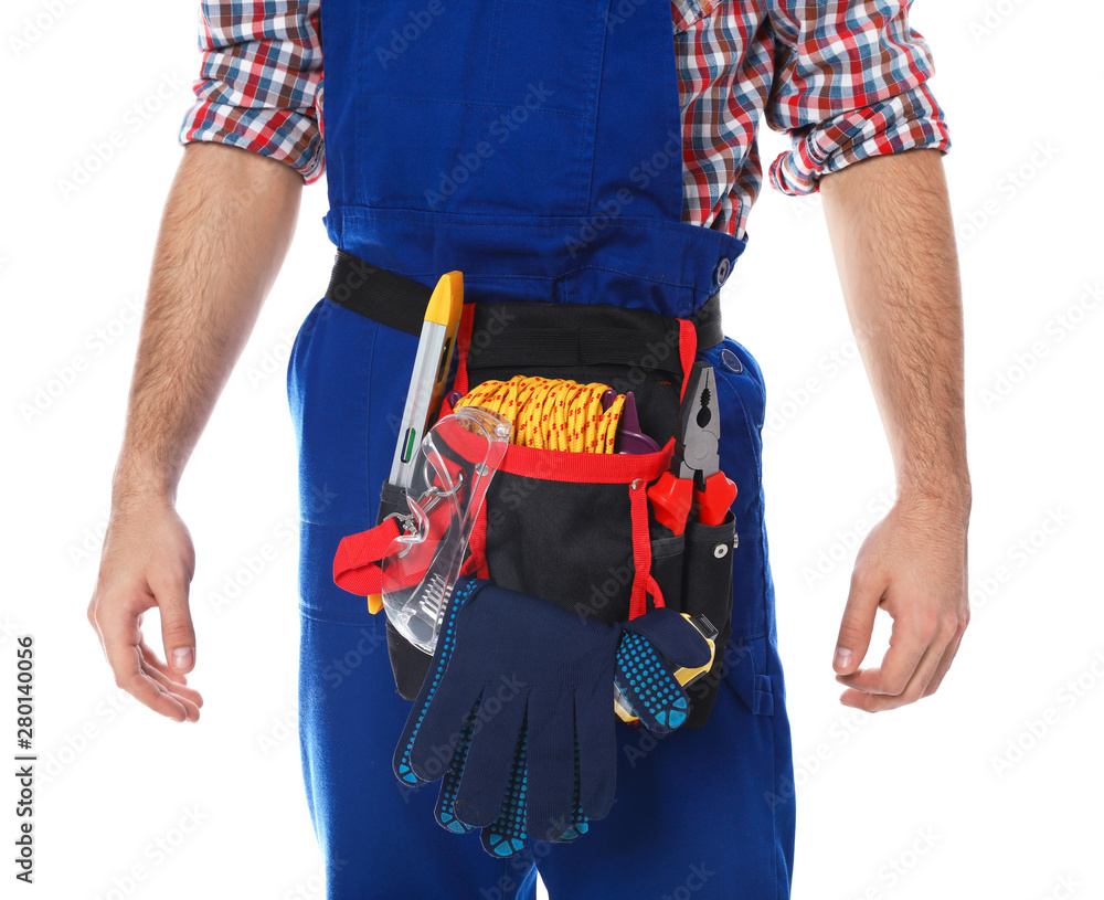 Construction worker with tool belt on white background, closeup Construction worker with tool belt on white background, closeup