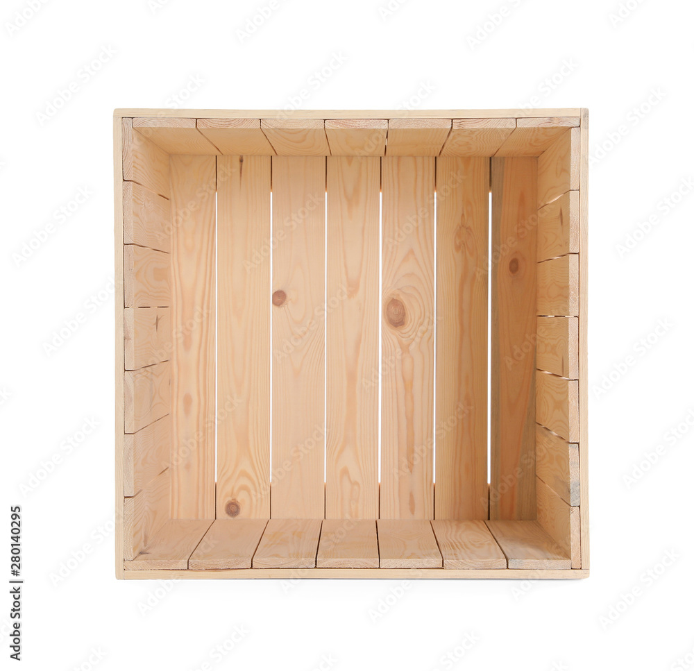 Open empty wooden crate isolated on white Open empty wooden crate isolated on white