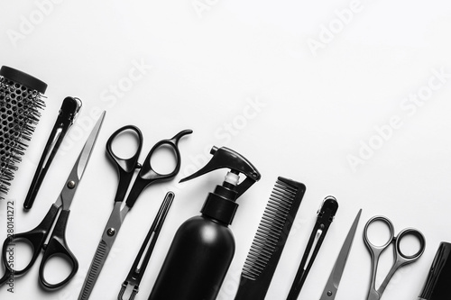 Valokuva Composition with scissors and other hairdresser's accessories on white backgroun