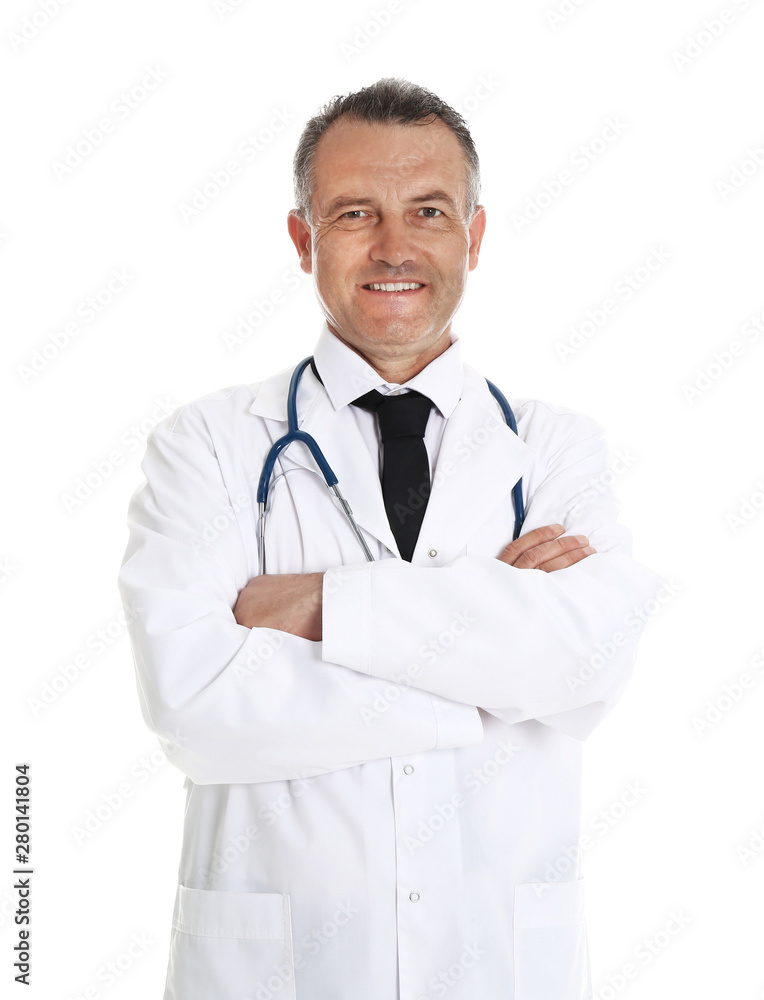 Portrait of experienced doctor in uniform on white background. Medical service Portrait of experienced doctor in uniform on white background. Medical service