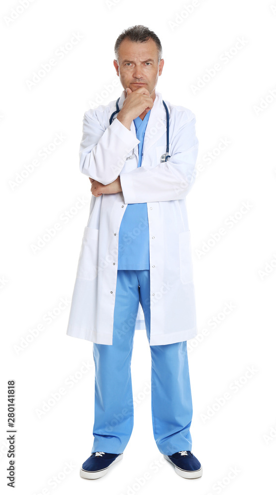 Full length portrait of experienced doctor in uniform on white background. Medical service Full length portrait of experienced doctor in uniform on white background. Medical service