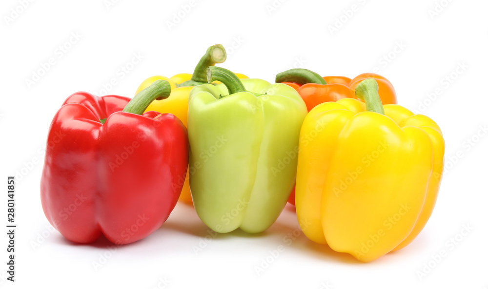 Fresh ripe bell peppers on white background Fresh ripe bell peppers on white background