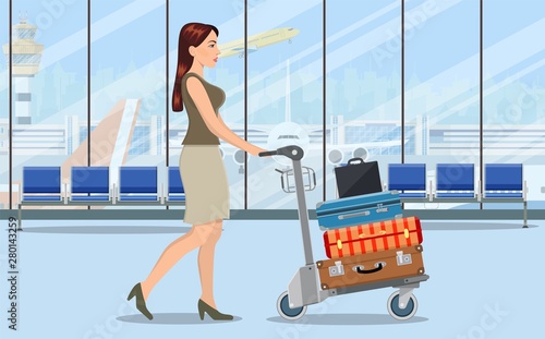 woman with luggage trolley in airport. Travel concept. Vector illustration in flat style