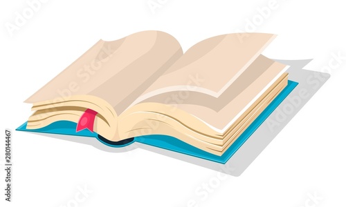 Opened blue book with empty sheets and pink bookmark, diary, sketchbook, copybook. Vector cartoon illustration for art, creative, educational, publishing, literary projects isolated on white