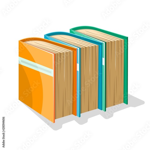 Yellow, blue and green thick books standing vertical side by side. Vector cartoon icon for reading clubs, libraries, education, publishing houses, bookstores isolated on white background.