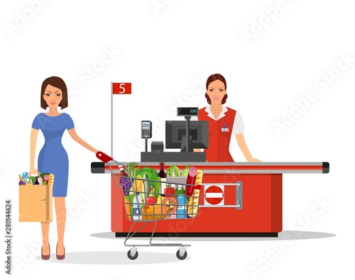 People Shopping in supermarket. woman cashier in supermarket. Cash register, Cashier and buyer with cart. Vector illustration in flat style