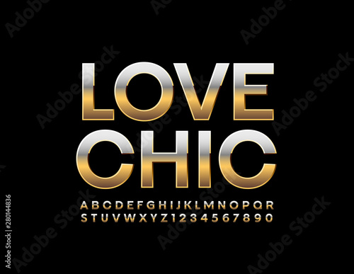 Vector elite sign Love Chic with Golden Font. Reflective Uppercase Alphabet. Set of luxury Letters and Numbers