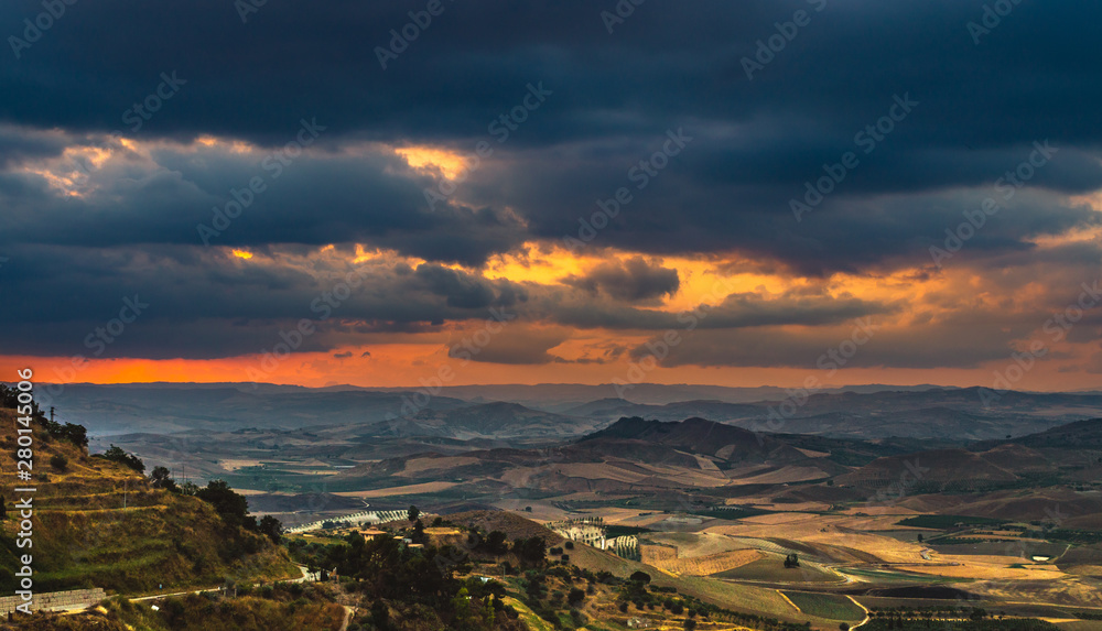 Wonderful Sicilian Landscape at Sunset During a Cloudy Day, Mazzarino, Caltanissetta, Sicily, Italy, Europe