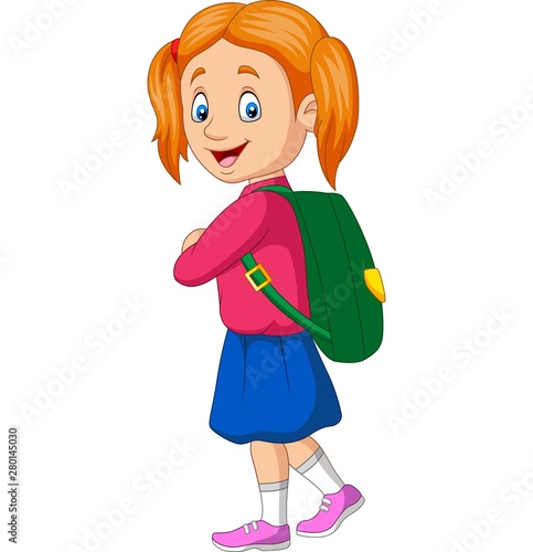 Cartoon happy school girl carrying backpack