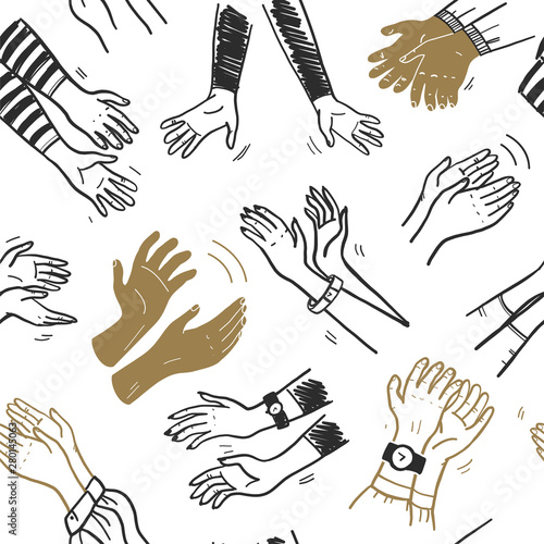Vector seamless pattern with illustration of applause hand drawn doodle human hands clapping isolated on white background. For cards, banners, posters, placards, flayers, package design etc.