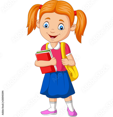 Cartoon happy school girl carrying book and backpack