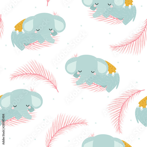 Seamless pattern with sweet little elephant and tropical leaves. Childish cute print. Vector hand drawn illustration.