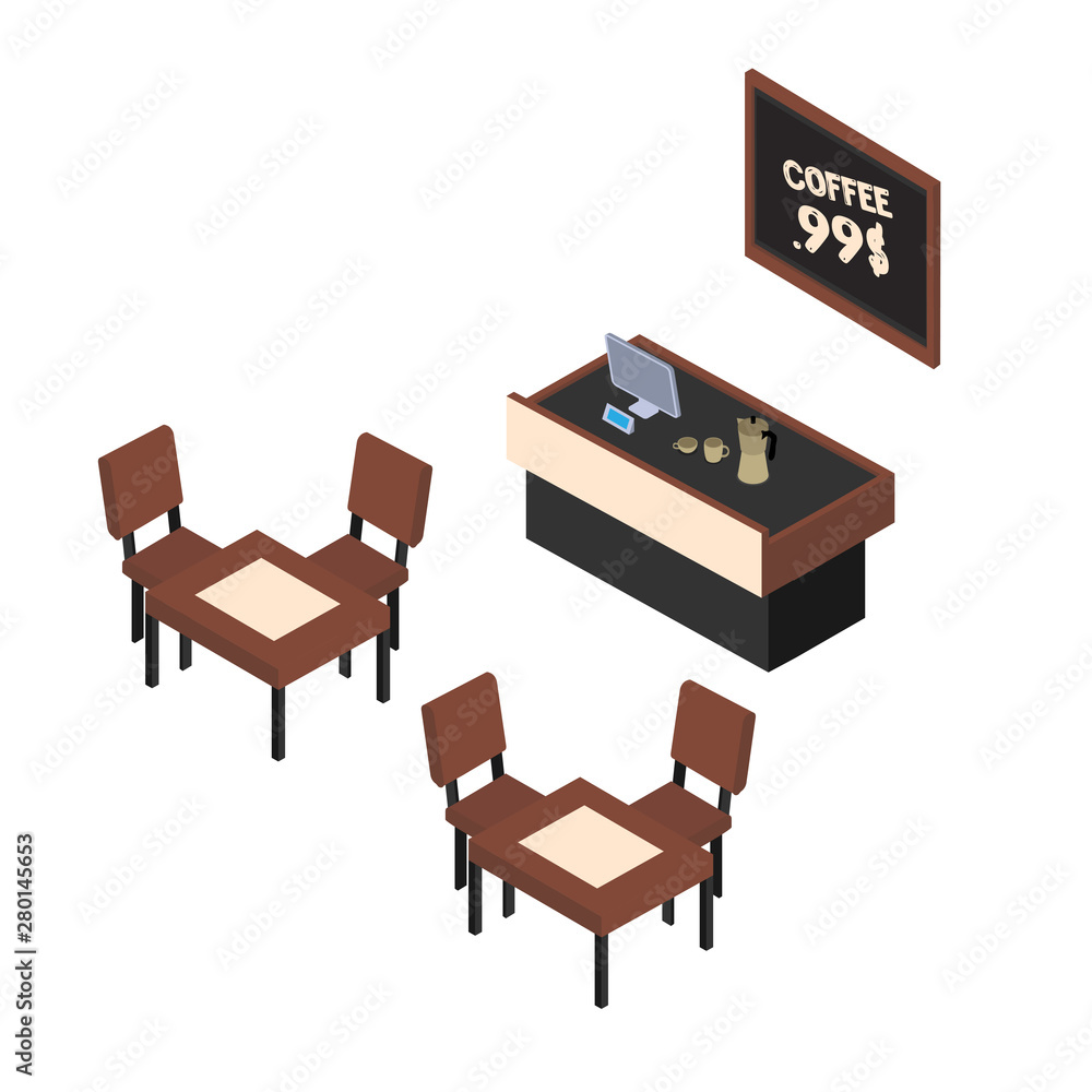 Fototapeta premium Coffee house isometric vector illustration