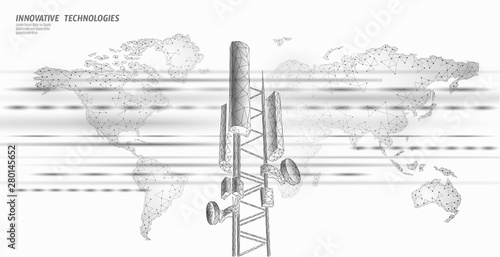 3d base station receiver. telecommunication tower 4g polygonal design global connection information transmitter. Mobile radio antenna cellular vector illustration