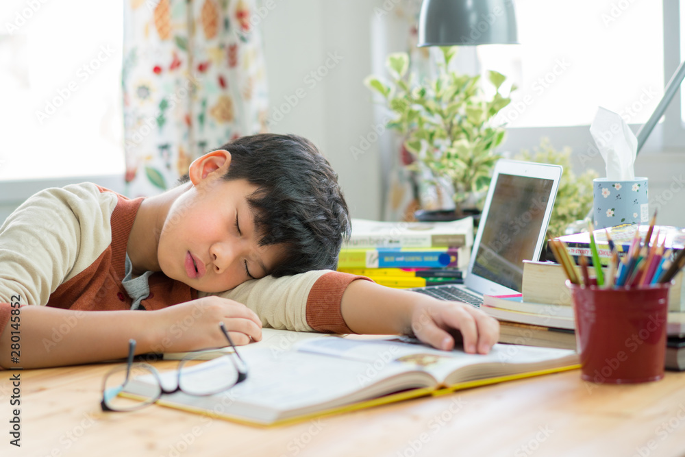 An Asian preteen / teenage boy lying himself on the working desk, taking power nap while studying and preparing for the exam / homework. Computer e-learning. Exhausted and Tired student concept. An Asian preteen / teenage boy lying himself on the working desk, taking power nap while studying and preparing for the exam / homework. Computer e-learning. Exhausted and Tired student concept.