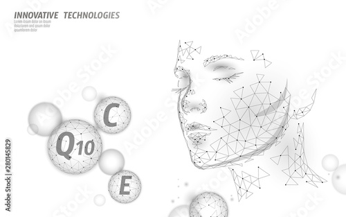 Healthy skin vitamin complex low poly sphere bubble. Health supplement female face anti-aging beauty cosmetics banner template. 3D coenzyme Q10, C, E. Medicine science vector illustration photo