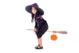 Little asian girl wearing halloween costume and riding the broom isolated over white background