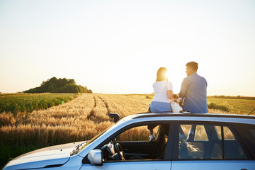 Rear view of couple and their dog sitting on car