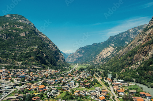 Beautiful landscape in the Aosta Valley mountainous region in northwestern Italy. Alpine valley in summer seen from fort Bard. 