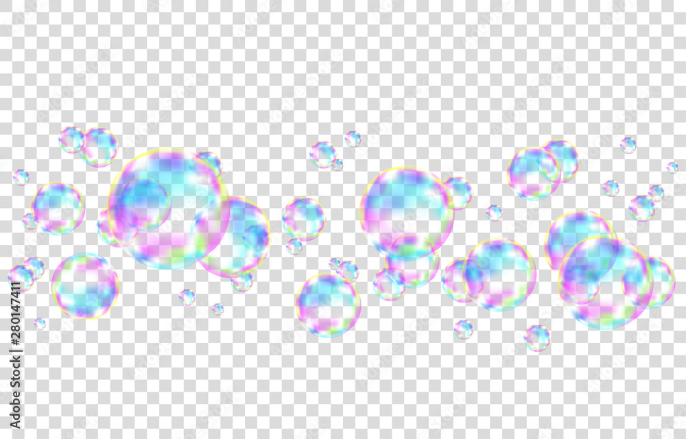 Colorful soap  bubbles with rainbow reflection. - obrazy, fototapety, plakaty 