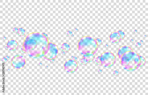 Colorful soap  bubbles with rainbow reflection.