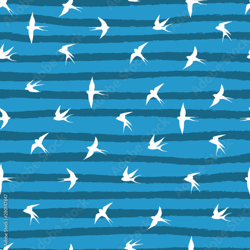 Swallow. Fly bird in strips sky seamless pattern