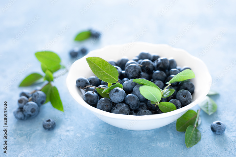 Blueberries with leaves in white bowl on blue background, top view Blueberries with leaves in white bowl on blue background, top view