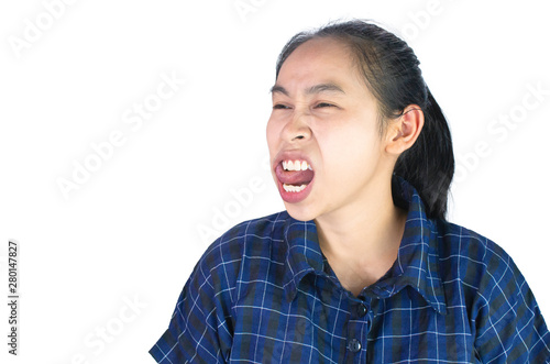 Asian young woman uses the tongue to clean the teeth due to food scraps attached to the teeth, Isolated on white background.