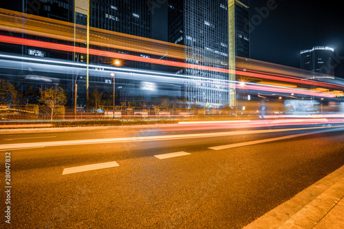 the light trails on the modern building background.