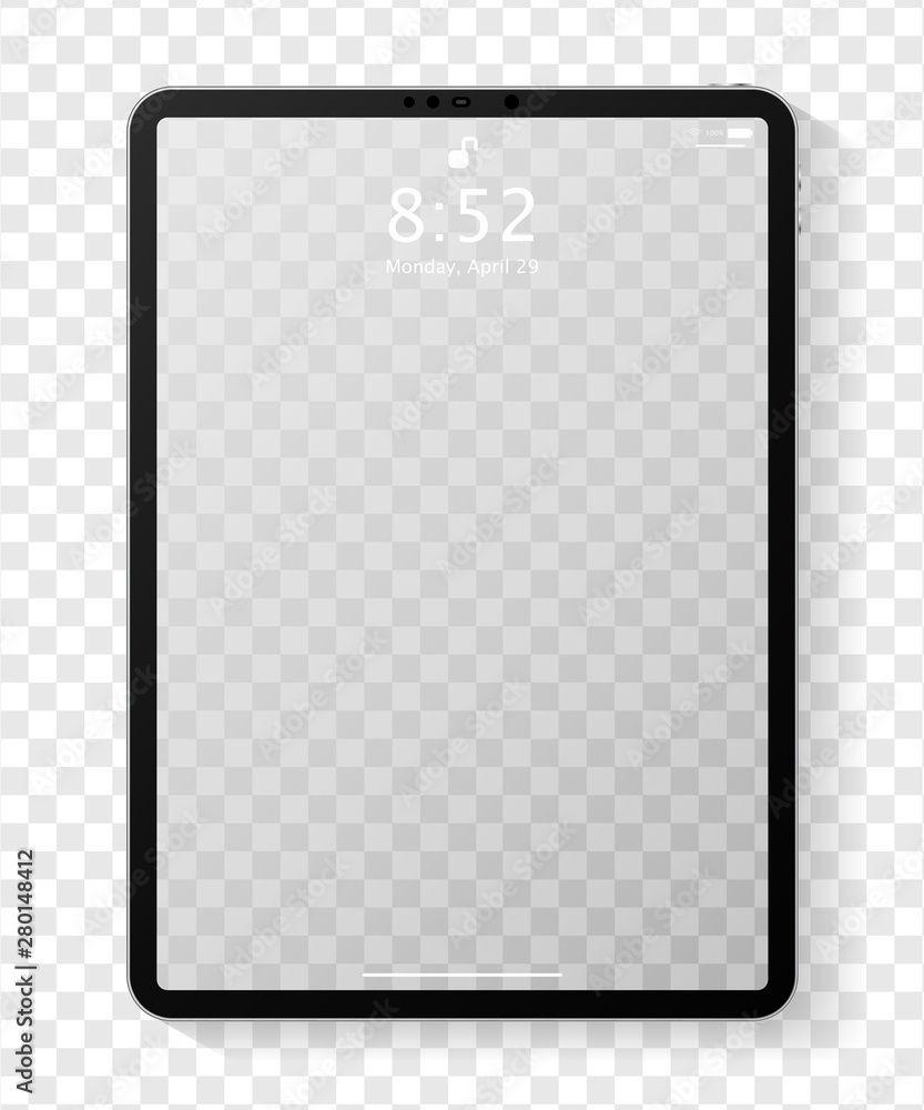 Realistic tablet computer mockup with transparent empty lock screen. Modern tablet PC template design isolated on transparent background. Vector Illustration - obrazy, fototapety, plakaty 