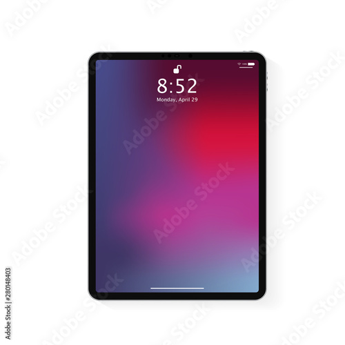 Realistic tablet computer lock screen with abstract colored geometric wallpaper. Big and small modern tablet PC design isolated on white background. Vector Illustration