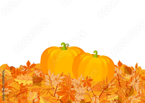 Pumpkins on autumn leaves flat vector illustration
