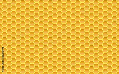 Gold honey hexagonal cells seamless texture. Mosaic or speaker fabric shape pattern. Golden honeyed comb grid texture and geometric hive hexagonal honeycombs. Vector illustration