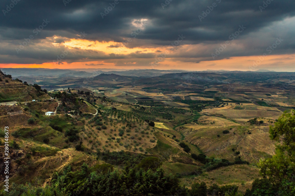Wonderful Sicilian Landscape at Sunset During a Cloudy Day, Mazzarino, Caltanissetta, Sicily, Italy, Europe