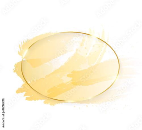 Gold shiny glowing oval frame with golden brush strokes isolated on white background. Golden luxury line border for invitation, card, sale, fashion, wedding, photo etc. Vector illustration