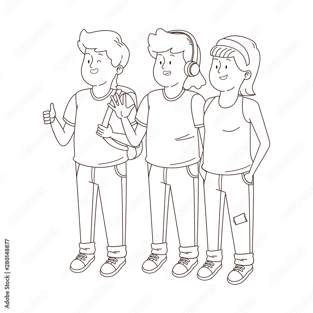 Teenagers friends smiling and greeting in black and white Teenagers friends smiling and greeting in black and white