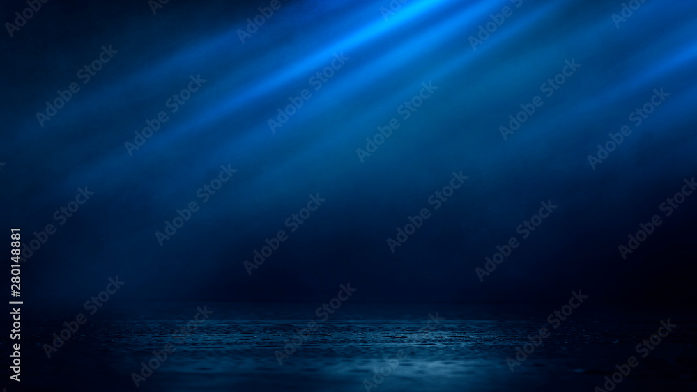 Wet asphalt, reflection of neon lights, a searchlight, smoke. Abstract light in a dark empty street with smoke, smog. Dark background scene of empty street, night view, night city. Wet asphalt, reflection of neon lights, a searchlight, smoke. Abstract light in a dark empty street with smoke, smog. Dark background scene of empty street, night view, night city.