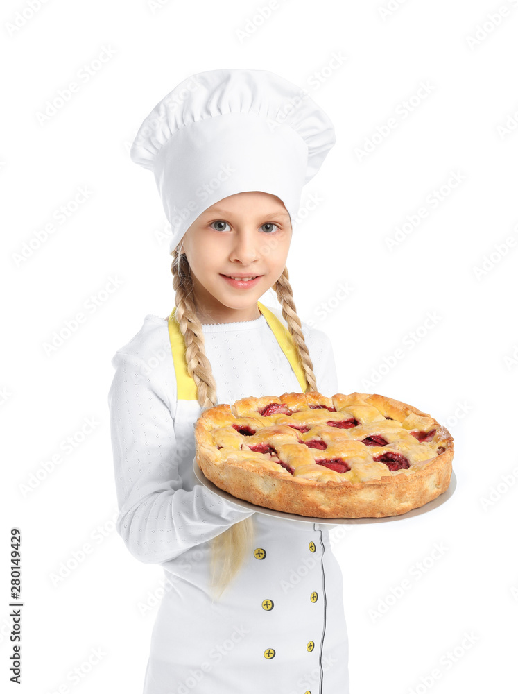 Cute little chef with pie on white background Cute little chef with pie on white background