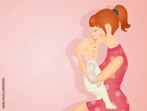 illustration of young mother with baby