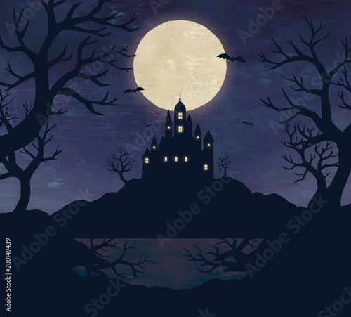 ハロウィンの満月と夜の景色水彩