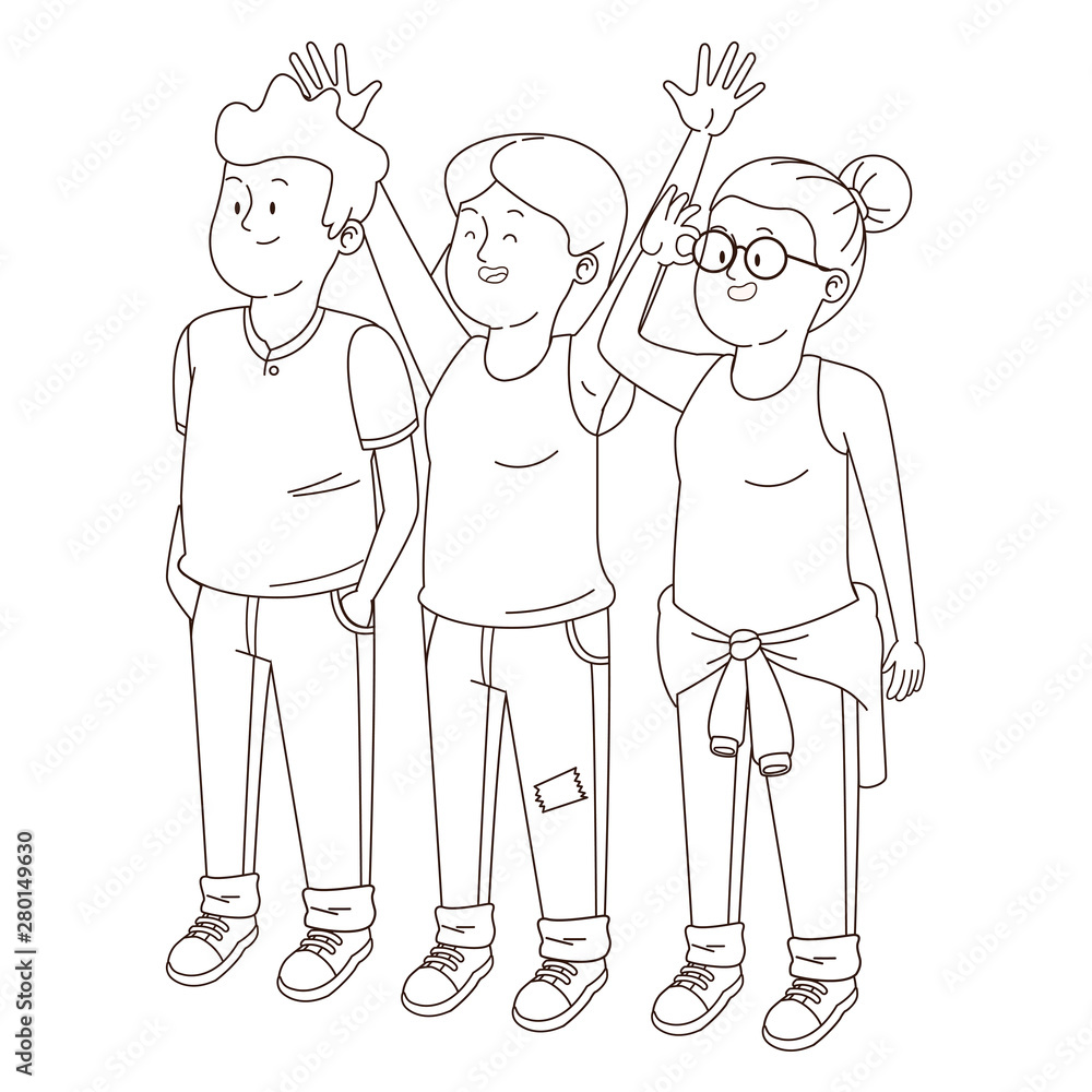 Teenagers friends smiling and greeting in black and white Teenagers friends smiling and greeting in black and white