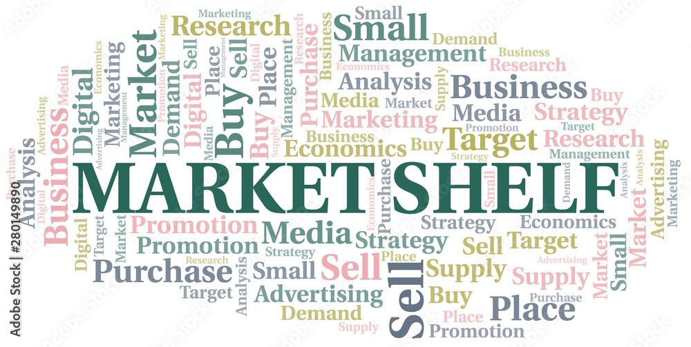 Market Shelf word cloud. Vector made with text only.