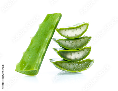 Fresh aloe vera leaves with water drops isolated on white