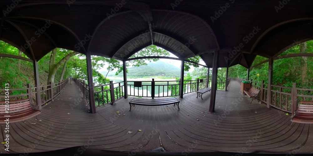 Damyang, South Korea - 24 July 2019 Juknokwon. After heavy rain 360 degrees spherical panorama of Daehandawon where is famous Bamboo Forest. Damyang, South Korea - 24 July 2019 Juknokwon. After heavy rain 360 degrees spherical panorama of Daehandawon where is famous Bamboo Forest.