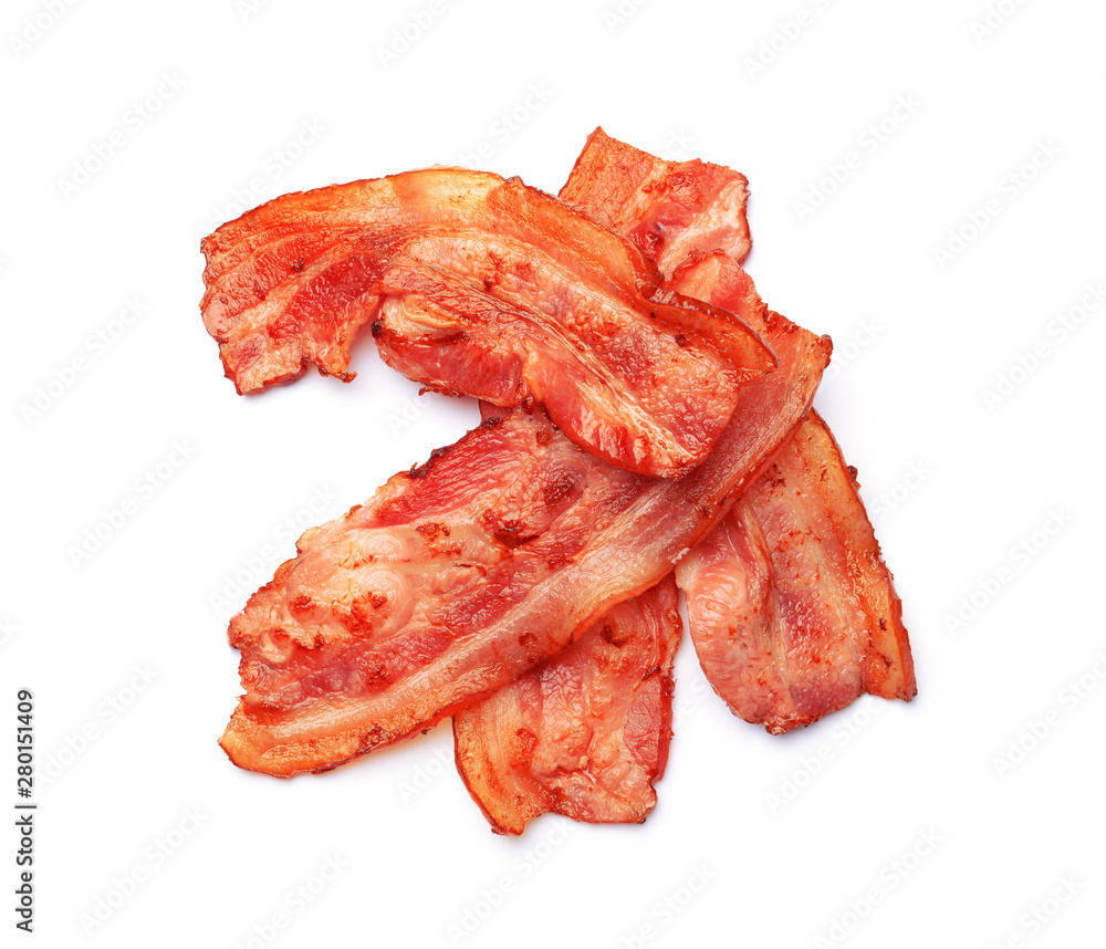 Fried bacon on white background Fried bacon on white background