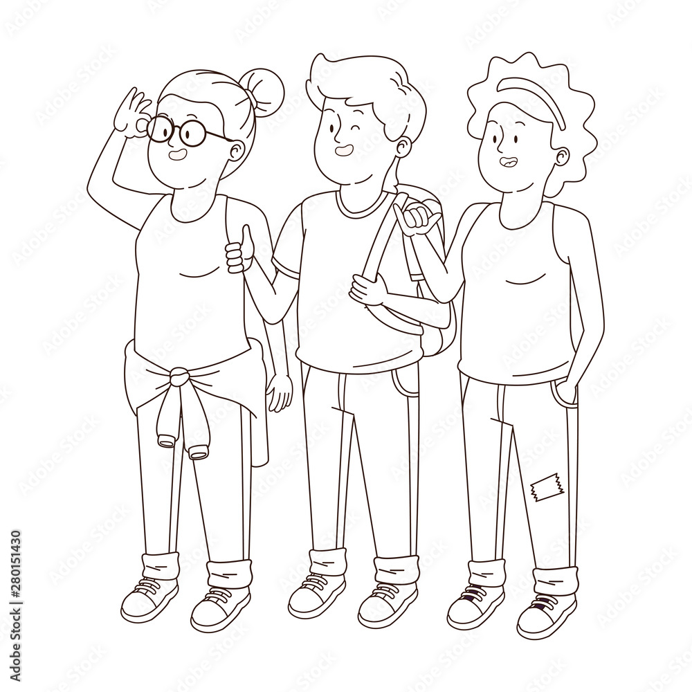 Teenagers friends smiling and greeting in black and white Teenagers friends smiling and greeting in black and white