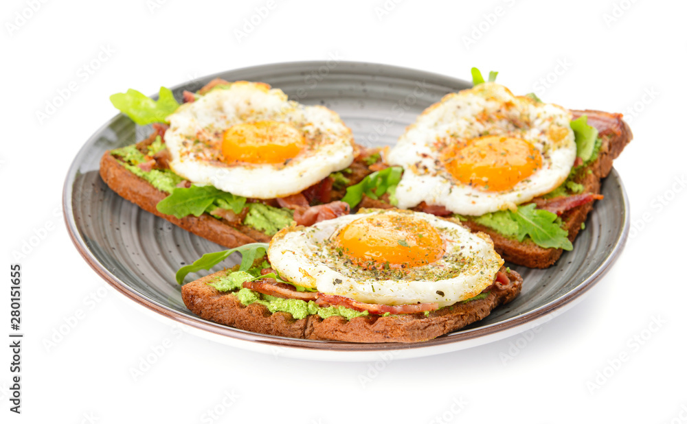 Plate with tasty toasts on white background Plate with tasty toasts on white background